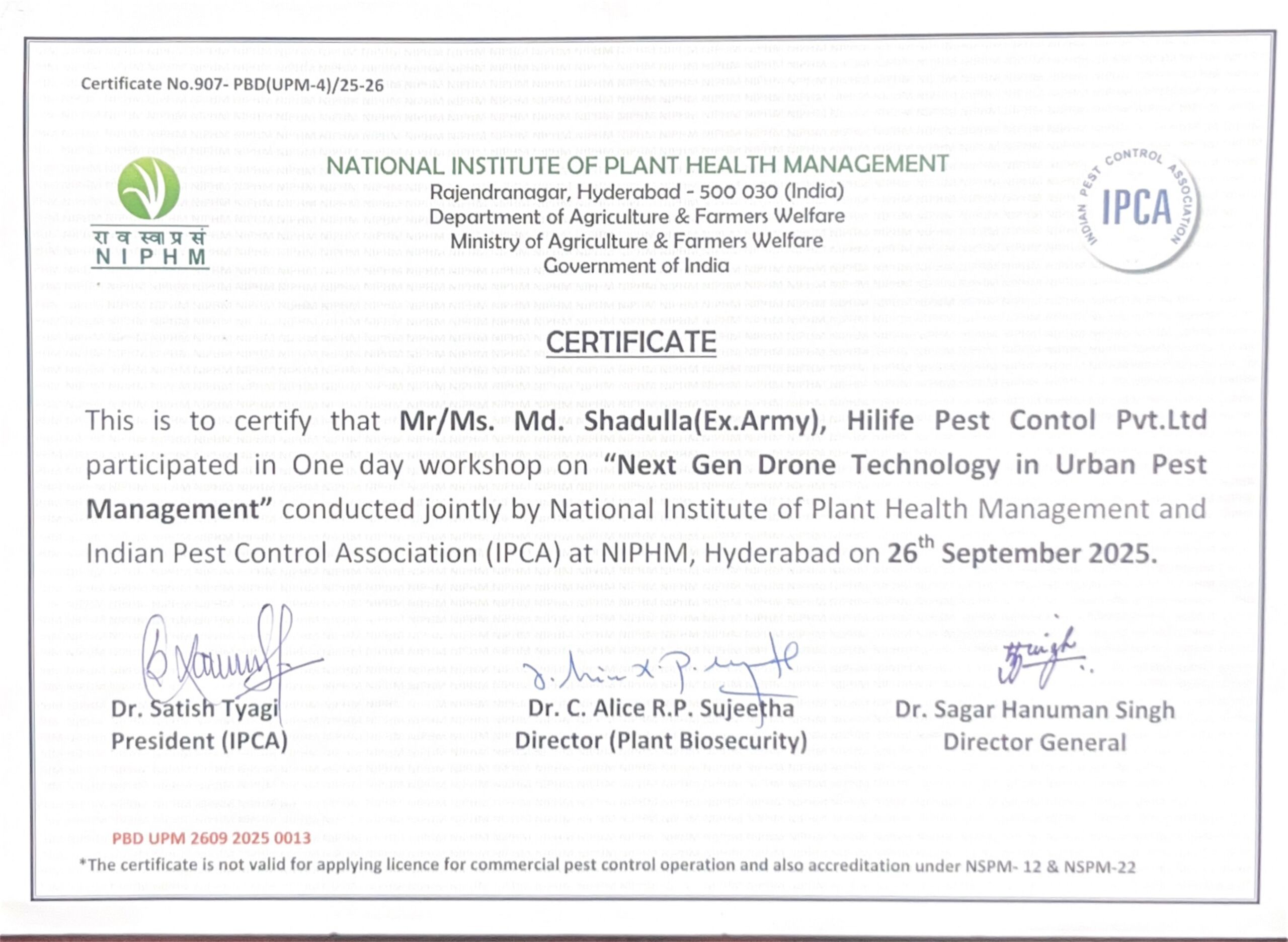 Hilife NIPHM Certificate